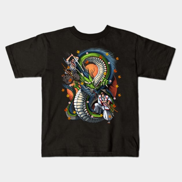 Japanese Dragon Samurai Battle Kids T-Shirt by underheaven